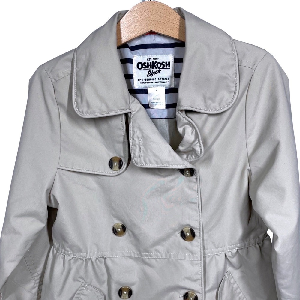 OshKosh Bgosh Girls Khaki Double Breasted Peplum Trench Coat Jacket Size 7